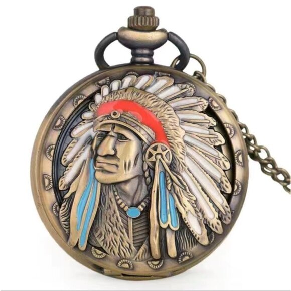 Bee Happy Market Boutique Other - Pocket Watch Native American Traditional Headdress Hinged Flip Open Chain Pouch